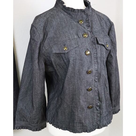 Sandro Sportswear Denim Pant Suit Womens Large Dark Wash Ruffle Wide Leg Cotton - Picture 3 of 8